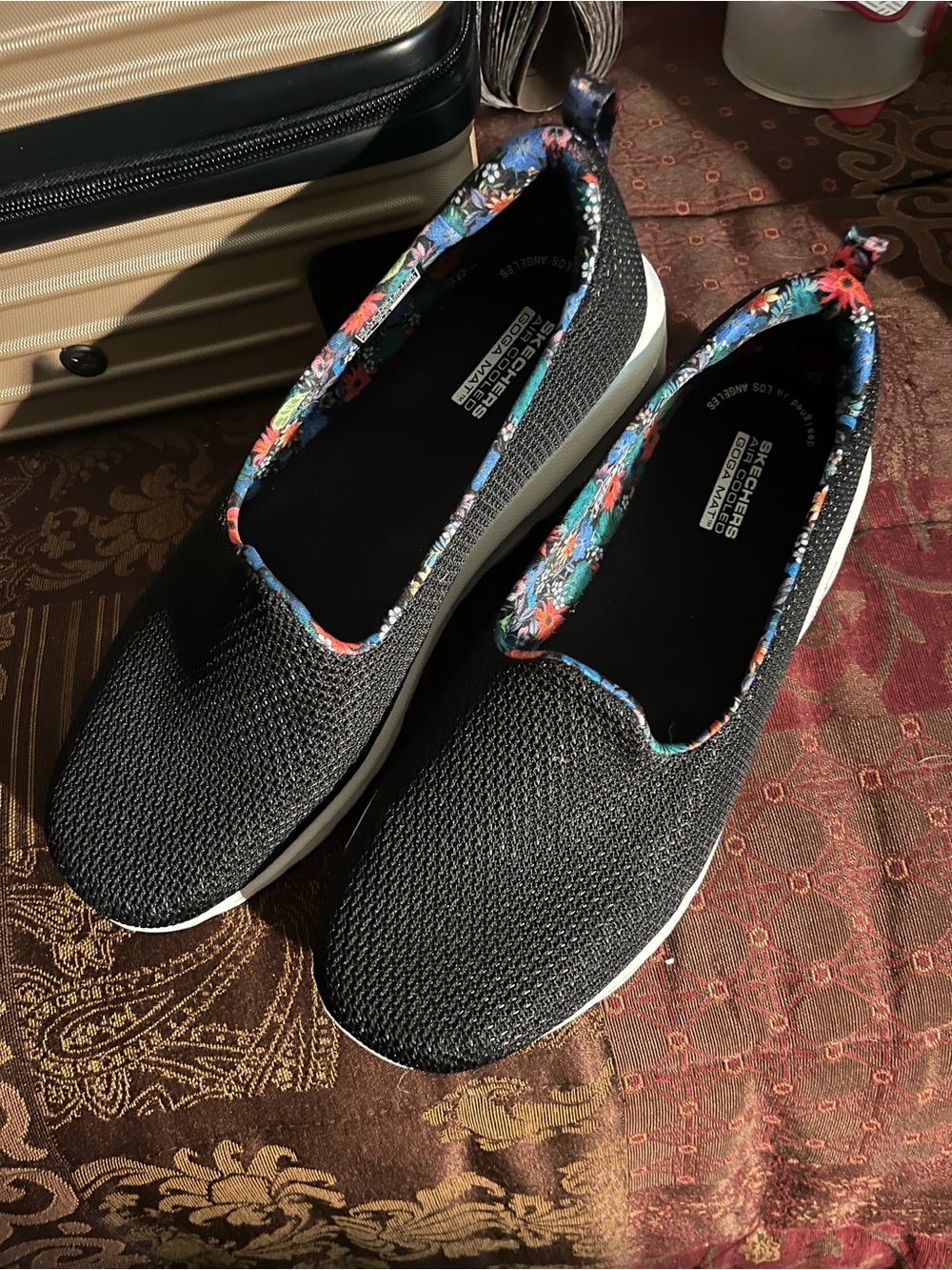 Skechers Black Slip-On Knit Sneakers with Multicolor Floral Trim, Go Walk, 9